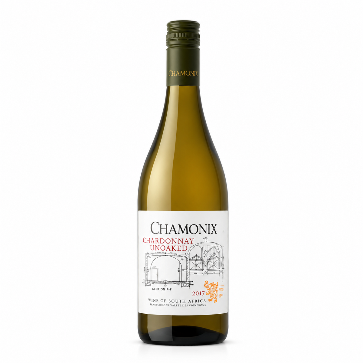 A bottle of Cape Chamonix Unoaked Chardonnay