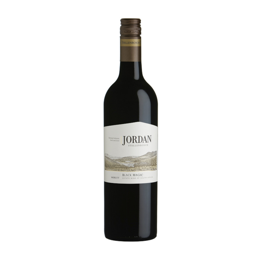 A bottle of Jordan Black Magic Merlot wine