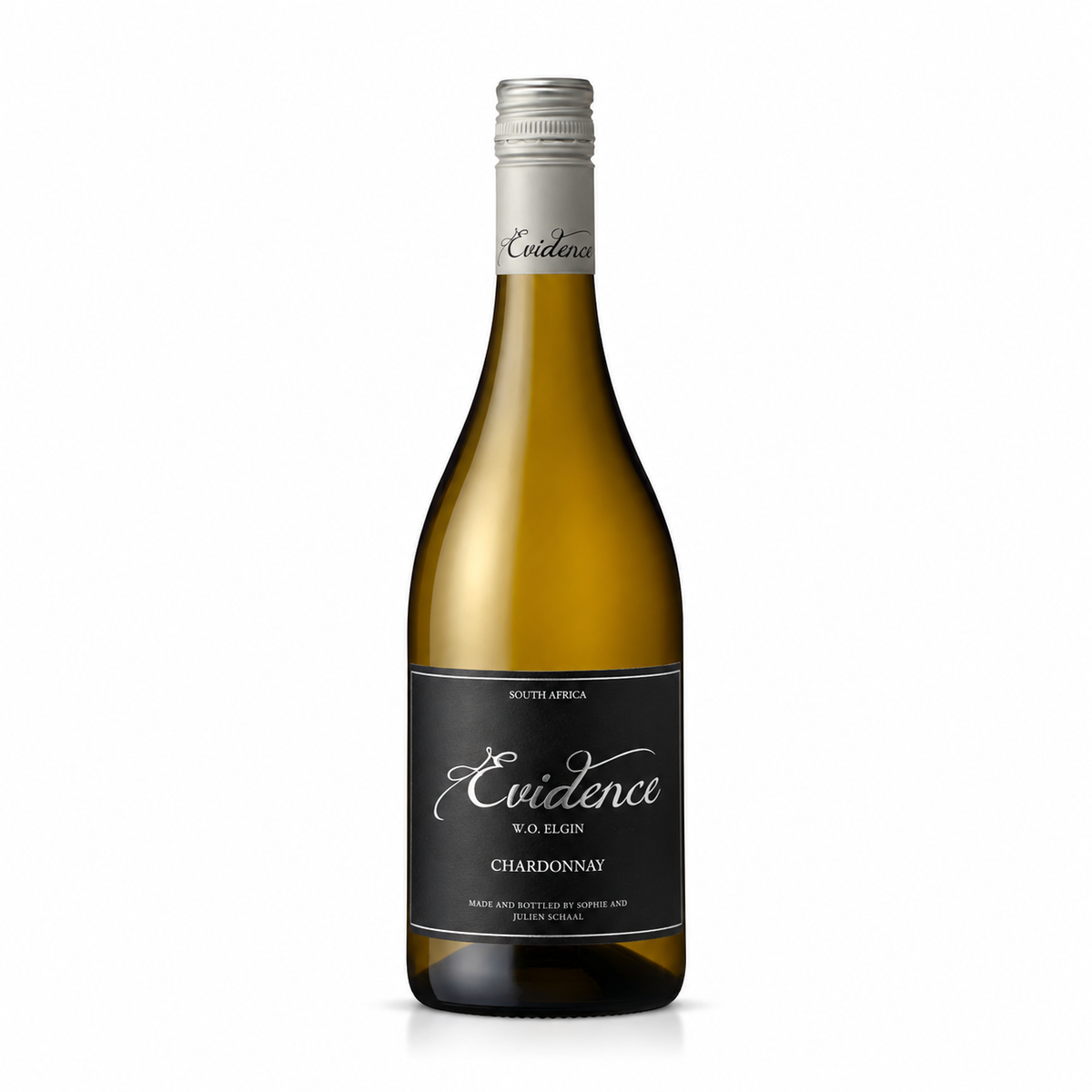 A bottle of Julien Schaal Evidence Chardonnay