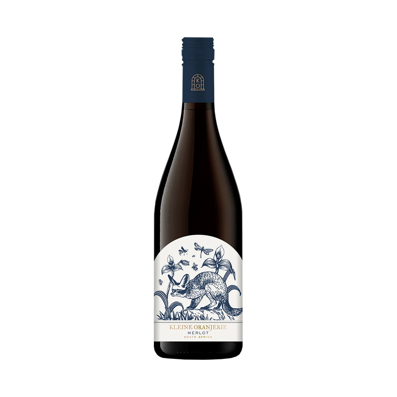 A bottle of Kleine Oranjerie Flora and Fauna Merlot