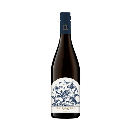 A bottle of Kleine Oranjerie Flora and Fauna Merlot